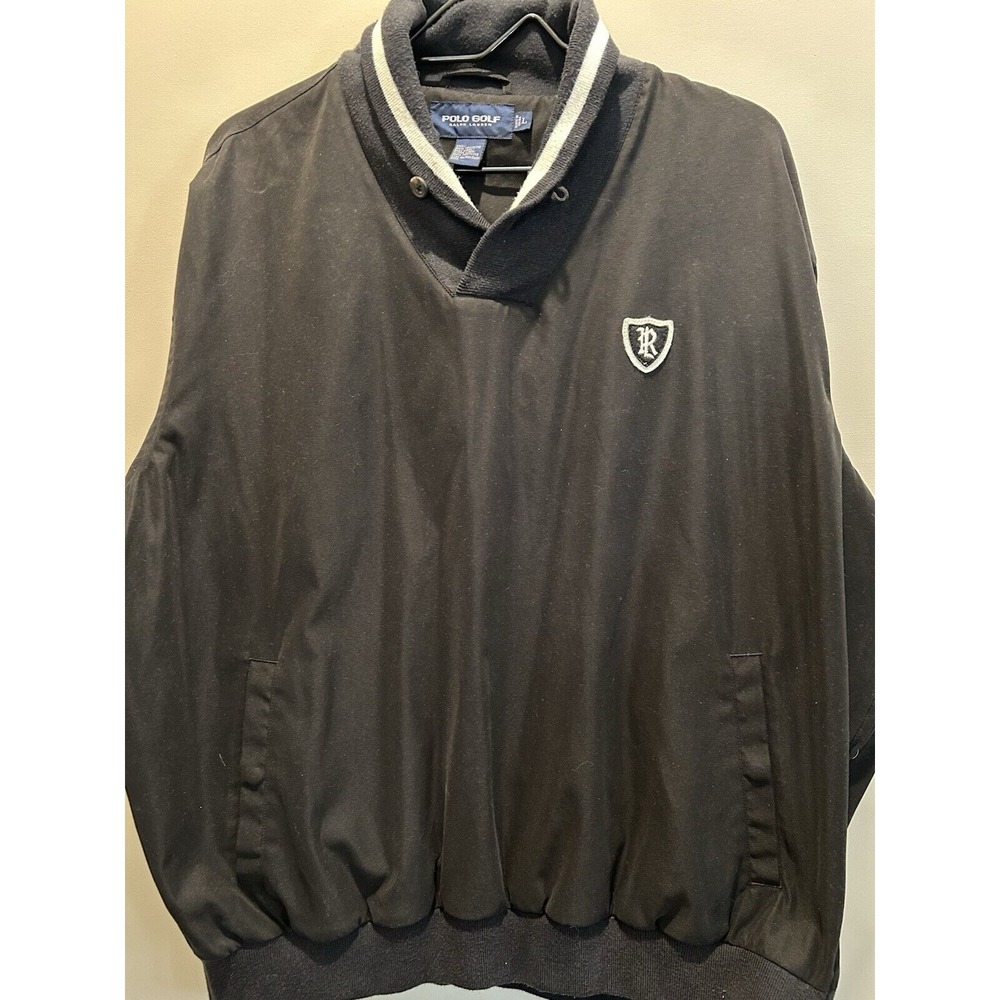 POLO GOLF WINDBREAKER PULLOVER JACKET BLACK‎ WHITE CHEST CREST BADGE SZ LARGE